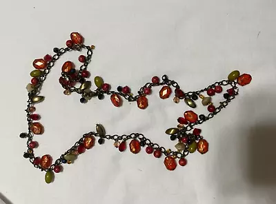 Vtg Fall Tone Glass Bead Neckalce Boho Olive Green Fiery Orange Green Fiery Red • $24.99