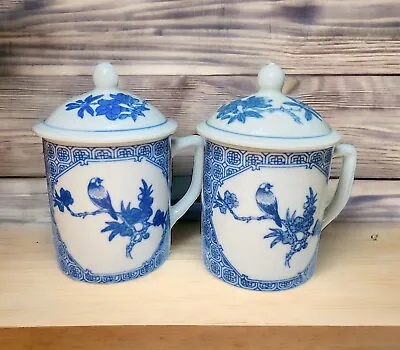 Blue & White Lidded Tea Cups W. Birds Mugs Lot Of 2 Porcelain  • $18.49