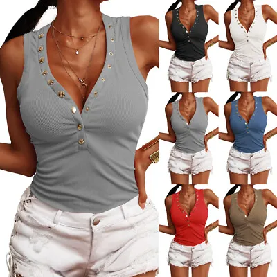 £3.61 • Buy Womens Button V Neck Low Cut Tank Tops Summer Vest Sleeveless Shirts Cami Tee
