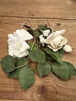 Lot D - Vintage Antique Millinery Creamy White Rose Flowers And Leaves • $10