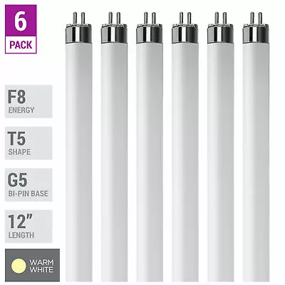 6 Pack F8T5 WW 30K Fluorescent Tube 12  8W Watt T5 Mini Bi 2-Pin G5 Warm White • $14.75