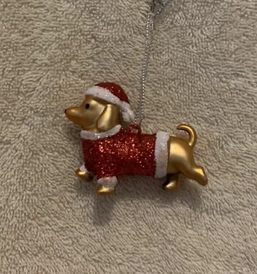 Gold Dachshund W/Red & White Glitter Santa Hat & Sweater Ornament - NEW • $4.99