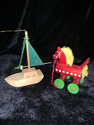 Vintage Set Of 2 Wooden Christmas Ornaments 3” Horse On Wheels & Sailboat • $9.85