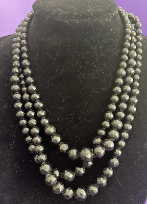 Vintage 3 Strand Graduated Black Faceted Bead Necklace SALE! • $16