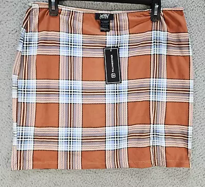 Just Polly Plaid Mini Skirt Juniors XL Mocha/Blue Slit Front Elastic Waist~ • $8.19