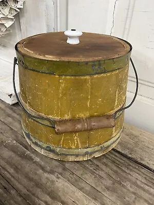 Antique PrimitiveWood Sugar Firkin Bucket W Lid Yellow Paint • $125