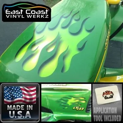 Flame Decals Carved Sunken Effect LIME  For John Deere Riding Lawn Mower 3pc Set • $29.95