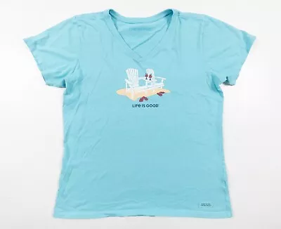 Life Is Good Shirt Women's Large Blue Short Sleeve V-neck Ladies Tee Beach Adult • £14.24