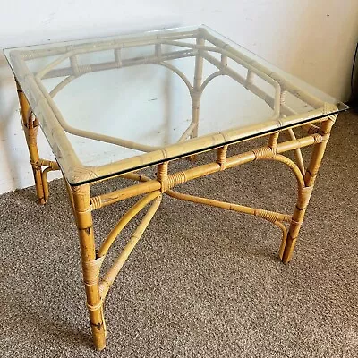 Boho Chic Bamboo Rattan Square Glass Top Dining Table • $595