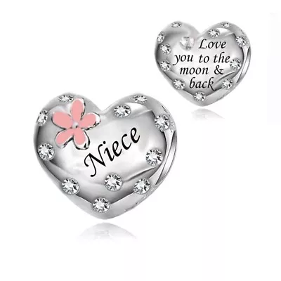 Niece Pink Flower Charm I Love You To The Moon 💜 925 Sterling Silver Gift • £17.99