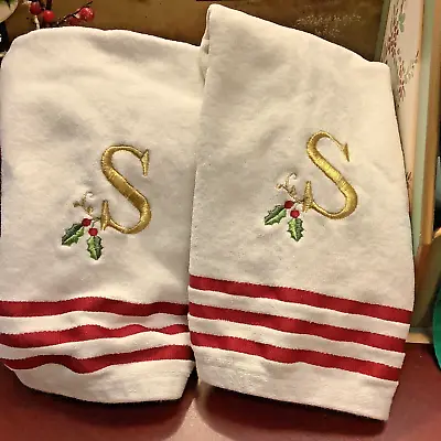 (2) Monogrammed Gold “S” White Hand Towels~w/Holly & Red Stripes~FREE... • $14.99
