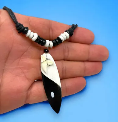 Real Tiger Fósil Shark Tooth Pendant Surfer Necklace For Men | Wood Beads • $16.90