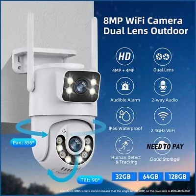 Dual Lens WiFi IP Camera Wireless Outdoor CCTV PTZ Home Security IR Camera • $49.75