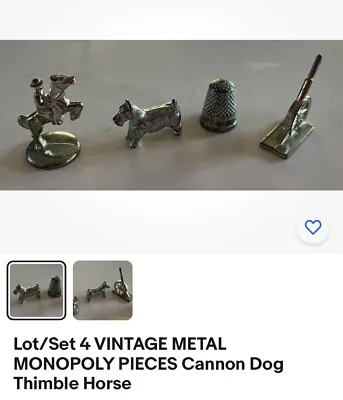 Lot/Set 4 VINTAGE METAL  MONOPOLY PIECES Cannon Dog Thimble Horse • $8.75