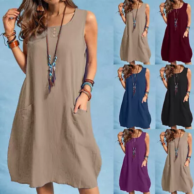£11.69 • Buy Plus Size Womens Casual Pocket Mini Dress Summer Sleeveless Plain Loose Sundress