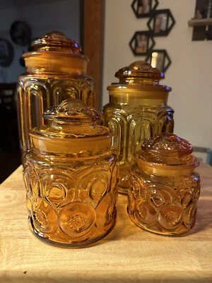 $69.99 • Buy Vintage LE Smith Moon And Stars Amber Canister Set W/ Lids Apothecary Glassware