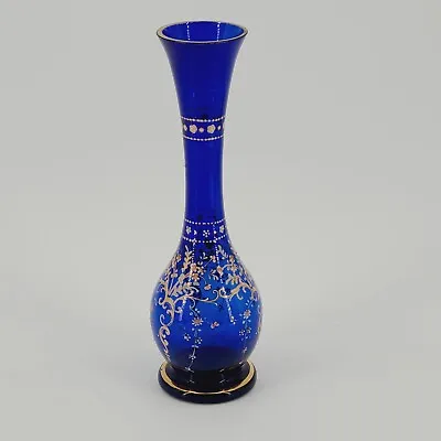 Vintage Cobalt Blue Moser Style Bohemian Vase Hand Painted Raised Floral • $55