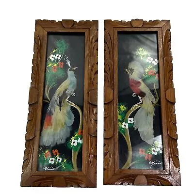 Vintage Mexican Feathercraft Aztec Bird Art Handcarved Frames Lot 2 Peacock • $21.78