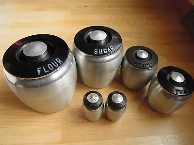 Set Lot Of 6 Vintage Kromex Aluminum Canister Flour Sugar Grease Tea Salt Pepper • $59.99