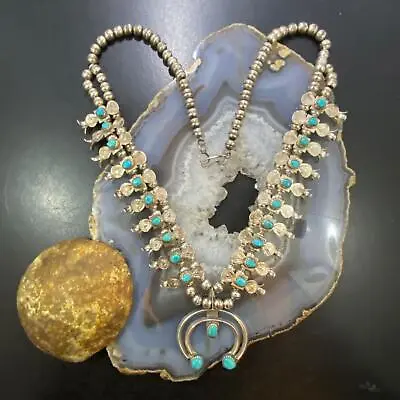 Doris Smallcanyon Vintage Silver Kingman Turquoise Squash Blossom Necklace • $1125