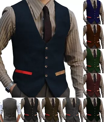 Mens Waistcoat Attractive Tweed Vests Vintage Herringbone Wool Retro Wedding 3XL • $43.99