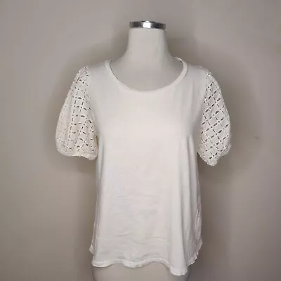 J. Crew Eyelet Embroidered Sleeve Shirt Medium Womens White Cotton Tee • $14.99