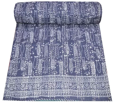 Indian Cotton Kantha Quilt Hand Block Fish Print Bedding Bedspread Blanket Blue • $45.99