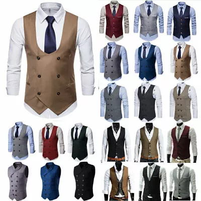 Men Double Breasted Herringbone Tweed Peaky Blinders Retro Check Waistcoat Tops· • £17.79