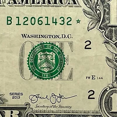 B Star Note One Dollar Bill B12061432* New York 3.2 Million Pack Note Run 4 Of 5 • $6