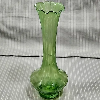 Vintage Glass Bud Vase Venetian Green Opalescent Swirl Ruffled Edge (8 T) • $10