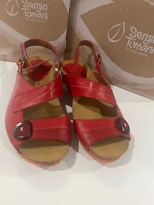 New Sergio Tomani Womens Leather Wedge Ada Rojo Red Sandals EU 38 US 7.5 NIB • $52.64