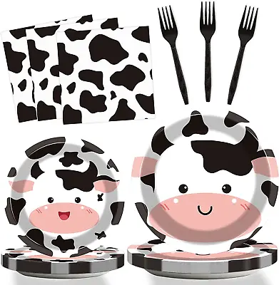 96 Pcs Cow Print Party Supplies Paper Plates Napkins Print Party Disposable Tabl • £28.68