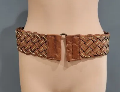 MOTIF 56 3  Wide Woven Brown And Gold Leather Semi Elastic Back Belt L/XL • $29