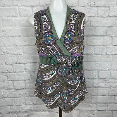 Anthropologie C Keer Top Medium Green Purple Paisley Floral Sleeveless V-Neck • $9.60