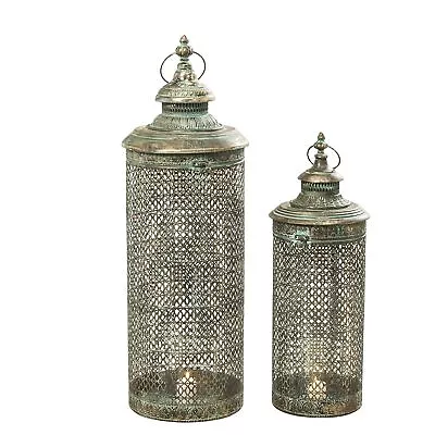 Moroccan Metal Temple Lanterns Luxury Floor Hurricanes Set Of 2 For LED Or... • $304.31