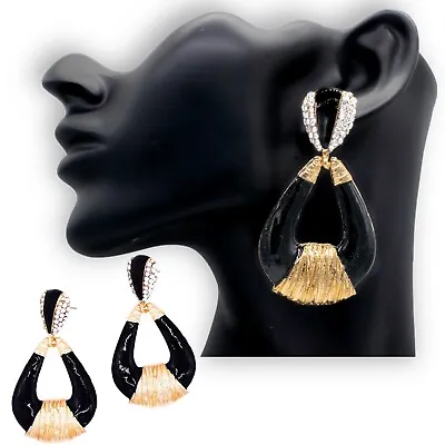 NEW Black Tone Gold Crystal Long Style Ear Drop Down Dangle Chandelier Earrings • £4.35