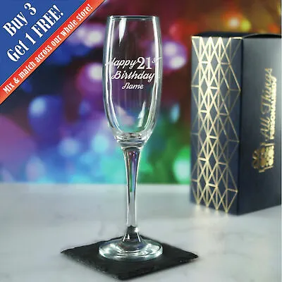 Personalised Engraved  Champagne Flute Happy 21st Birthday Modern Gift Boxed • £11.95