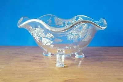 Vintage 3 Footed Flanders Dish Floral Clear Silver Overlay Bon Bon Candy Bowl • $18