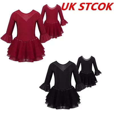 UK Kids Girls Chiifon Mesh Splice Figure Ice Skating Dress Ballet Dancewear • £10.57