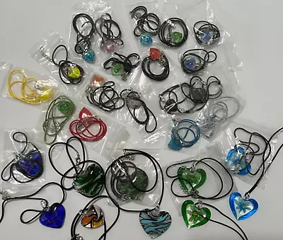 28 Nwt Murano Style Glass Heart Pendants On Cords Necklaces Foil Swirl Floral • $49.99