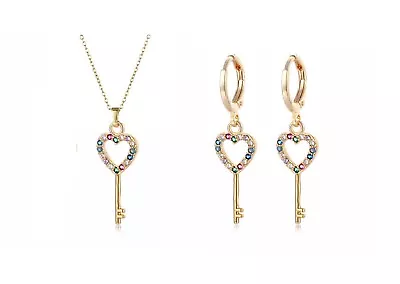 Love Heart Key Gold Multicolor CZ Pendant Jewelry Set: Necklace + Hoop Earrings • $14.99