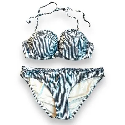 J Crew Bikini 2PC Swim Suit Blue White Seersucker Stripe Ruffle Trim 34D/Medium • $24.99