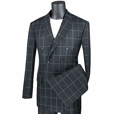 VINCI Men's Black Windowpane Double Breasted 6 Button Modern Fit Suit NEW • $100