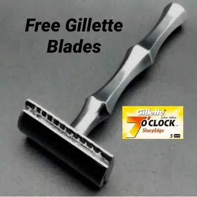 Silver Safety Razor Double Edge Shaving German Stainless Steel Handle + Blades • $11.99