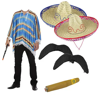 Mens Mexican Poncho Costume: Sombrero Moustache Cigar Fancy Dress Stag Party • £28.95