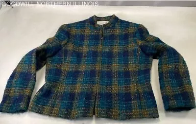 Women's Jones New York USA-Made Green/Blue Wool/Mohair+ Lined Zip Jacket Size 16 • $8.99