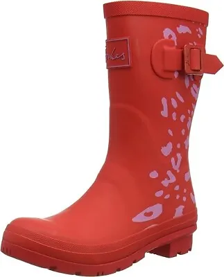 Joules MOLLY WELLY Ladies Rubber Mid-Height Waterproof Wellies Red Leopard SZ 9 • $39.99
