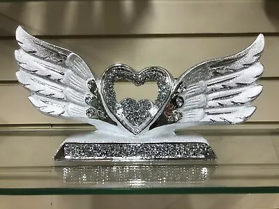 Crushed Diamond Heart And Wings Crystal Shelves Ornament Glitter Bling • £16.99