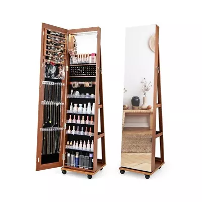 64  Jewelry Cabinet Lockable Armoire Full Length Makeup Mirror W/ Shelves Brown • $158.97