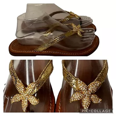 Mystique Gold Leather Crystal Rhinestone StarfishThong Flip Flop Sandal Womens 7 • $23.99